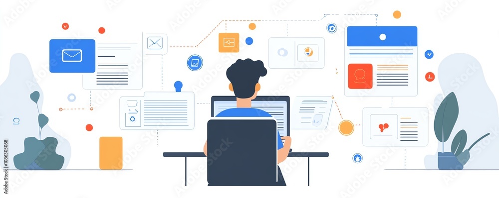 Poster Person using a laptop interface to create and manage digital documents, with icons representing text, images, and data points, generative AI concept