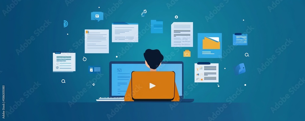 Poster Person using a laptop to access an online document management system, with digital documents and floating icons around them, generative AI theme