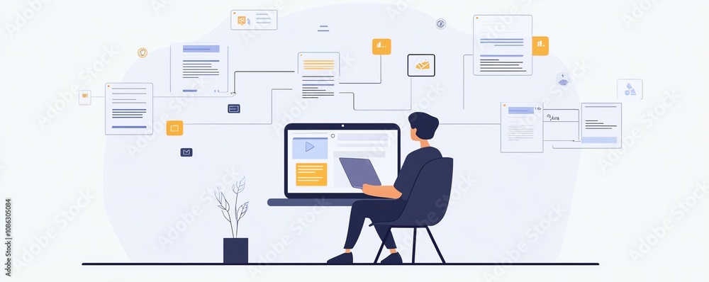 Poster Person using a laptop to access an online document management system, with digital documents and floating icons around them, generative AI theme