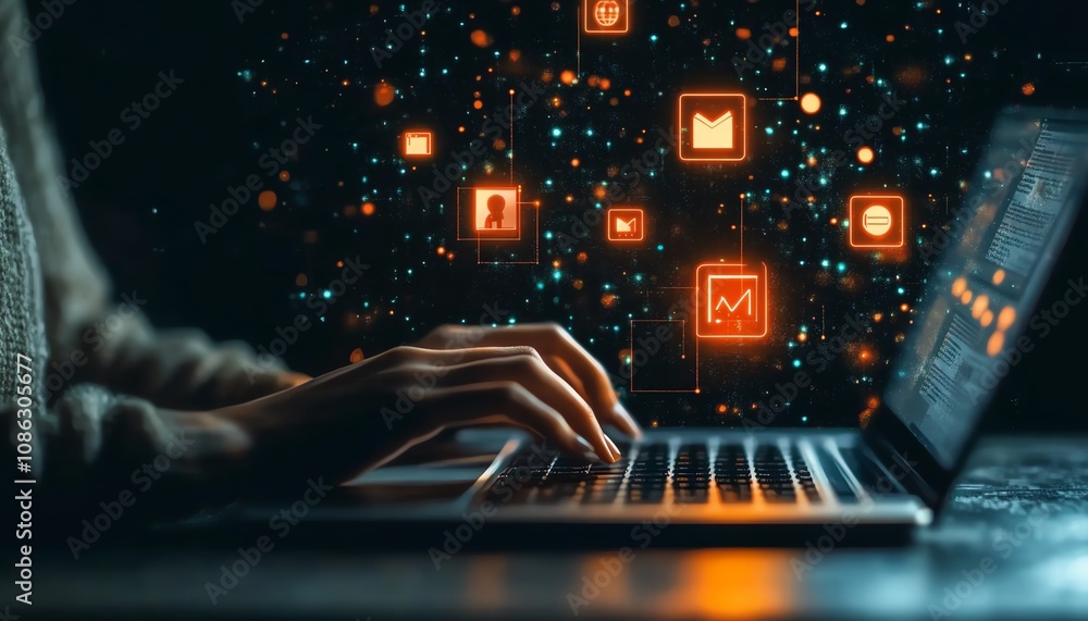 Poster business person typing on a laptop with digital icons floating above, symbolizing online document ma