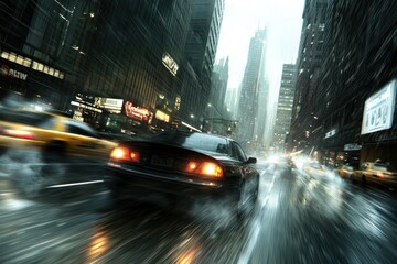 Fototapeta premium Rainy night drive city streets action scene urban environment dynamic viewpoint thrilling concept for seo impact