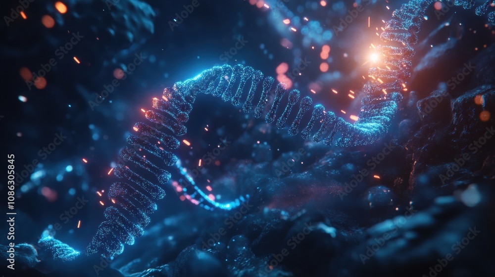 Poster the complex structure of dna amidst a rich backdrop of luminous particles, showcasing scientific bea