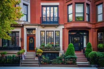 Obraz premium A row of three historic brick townhouses with ornate details and lush greenery.
