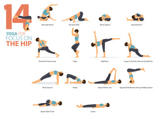 14 Yoga poses or asana posture for workout in focus on hip concept. Women exercising for body stretching. Fitness infographic. Flat cartoon vector.