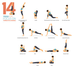 14 Yoga poses or asana posture for workout in third eye chakra concept. Women exercising for body stretching. Fitness infographic. Flat cartoon vector.