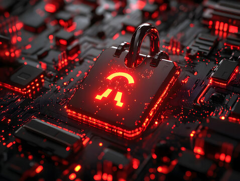 3D Illustration Secure Data Padlock on Circuit Board