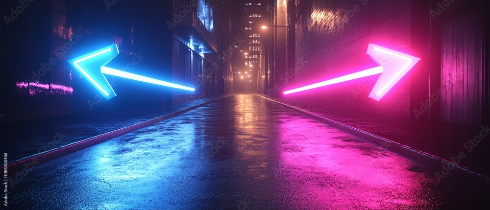 Poster neon arrows in blue and purple, pointing left and right, set against a dark background with a black 