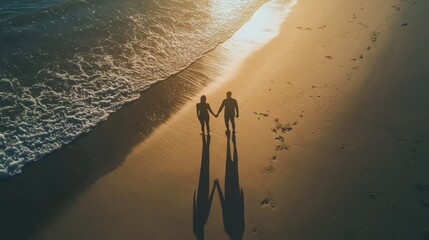 Couple walking hand-in-hand on a sandy beach at sunset, viewed from above.