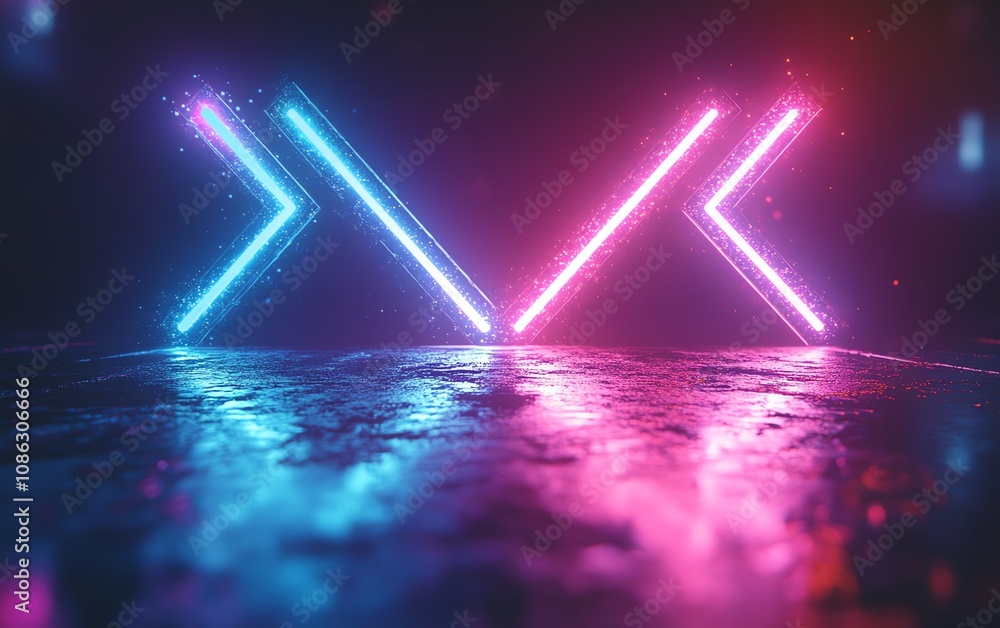 Aufkleber Neon blue and purple arrows pointing left and right on a dark background, glowing with a vibrant generative AI effect