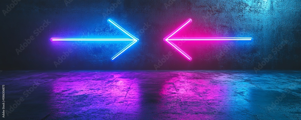 Aufkleber neon blue and purple arrows pointing left and right on a dark background, glowing with a vibrant gen