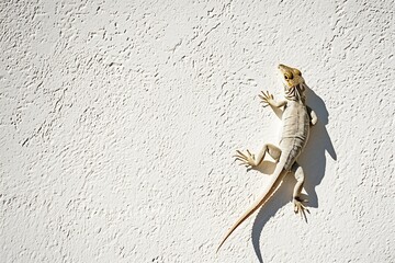 A Lizard Climbing on a Textured White Wall in Bright Light