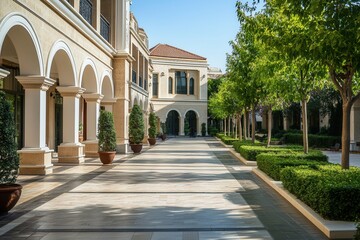 Naklejka premium A wide, paved pathway lined with lush greenery and arched doorways leads to a building in the distance.