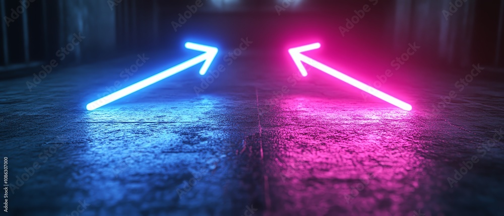 Poster neon blue and purple arrows, each pointing in opposite directions on a black background, glowing wit