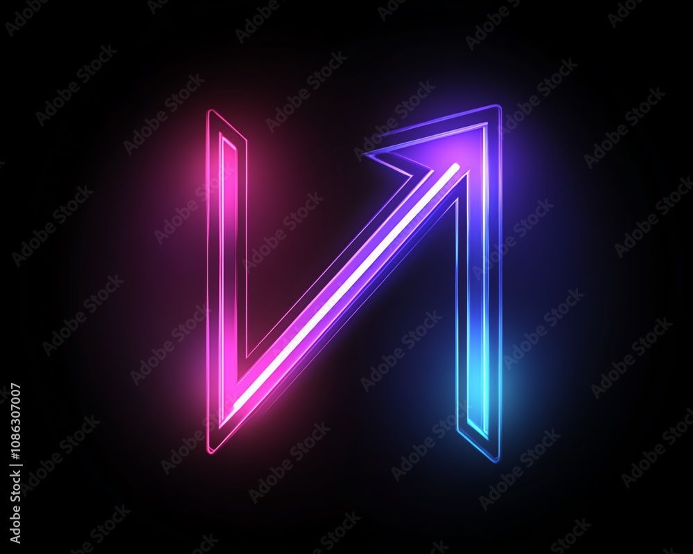 Poster neon blue and purple arrows, each pointing in opposite directions on a black background, glowing wit