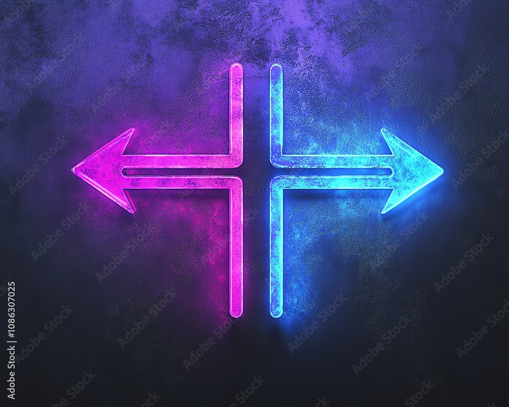 Poster neon blue and purple arrows, each pointing in opposite directions on a black background, glowing wit