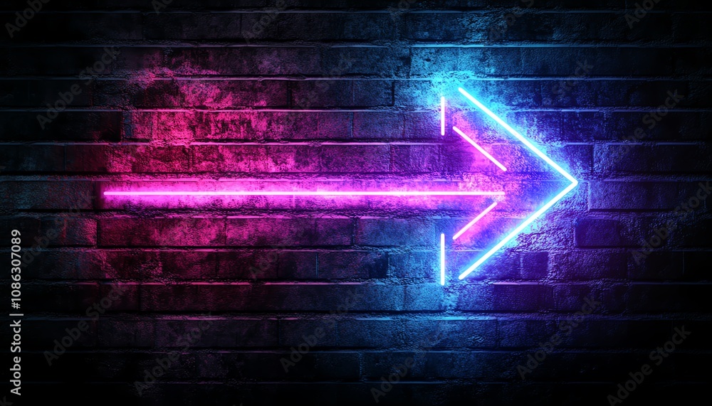 Aufkleber neon blue arrow pointing right and neon purple arrow pointing left, set against a dark background, d
