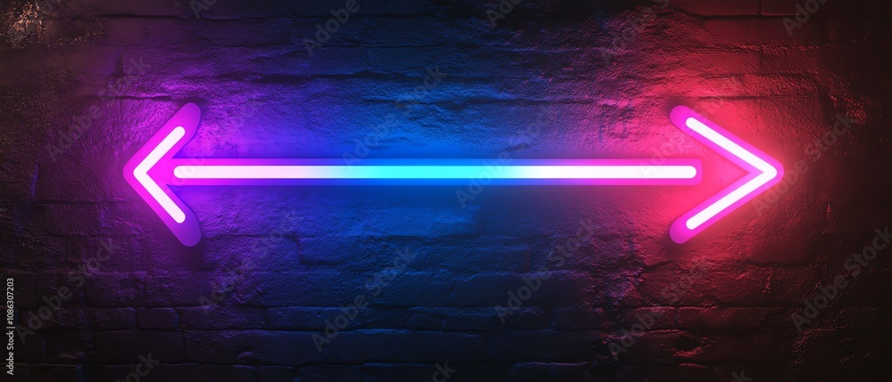 Aufkleber neon blue arrow pointing right and neon purple arrow pointing left, set against a dark background, d