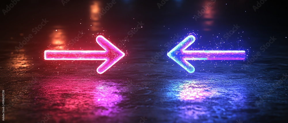 Leinwandbilder neon blue arrow pointing right and neon purple arrow pointing left, set against a dark background, d