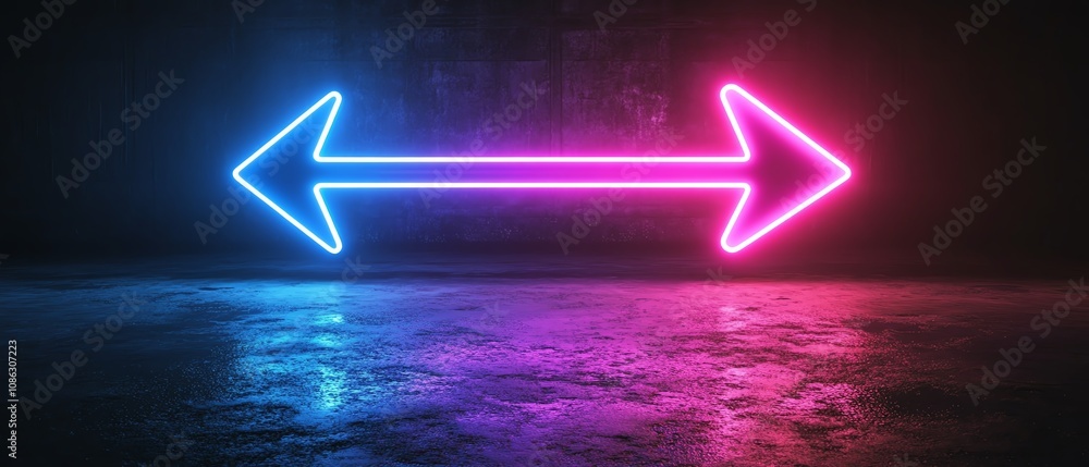 Aufkleber neon blue arrow pointing right and neon purple arrow pointing left, set against a dark background, d