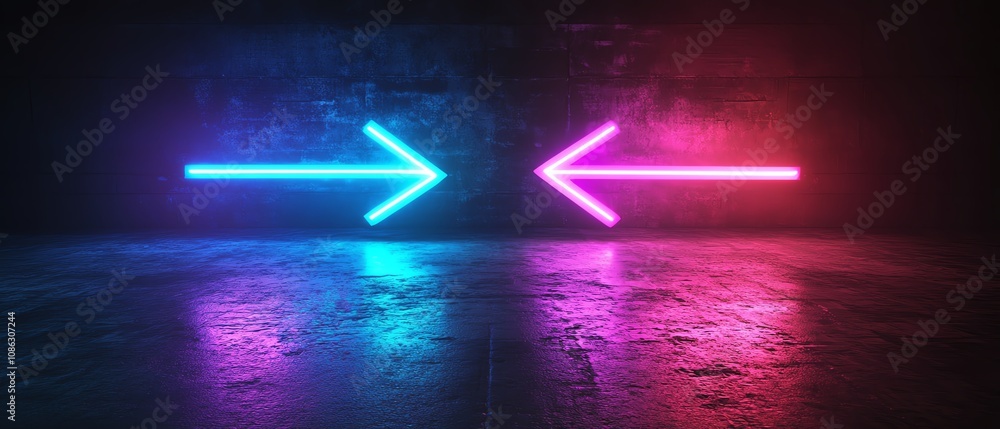 Aufkleber neon blue arrow pointing right and neon purple arrow pointing left, set against a dark background, d
