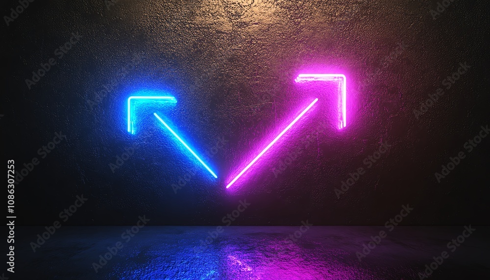 Aufkleber neon blue arrow pointing right and neon purple arrow pointing left, set against a dark background, d