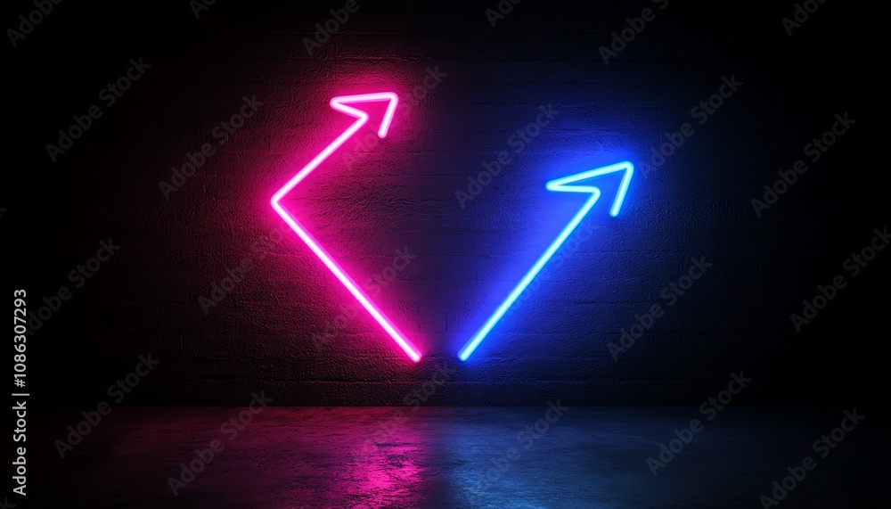 Aufkleber neon blue arrow pointing right and neon purple arrow pointing left, set against a dark background, d