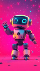 A charming 3D robot character with a friendly demeanor, waving enthusiastically to the camera in a vibrant and engaging illustration, showcasing a playful and futuristic design.