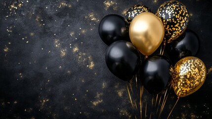 A vibrant display of balloons in various colors, set against a luxurious black and gold backdrop, creating a festive and celebratory atmosphere.