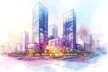 Obraz premium Illustration Modern Cityscape Architecture Skyscrapers Urban Design