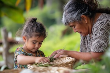 A young Māori child learning to weave harakeke (flax) from their grandmother, creating traditional baskets