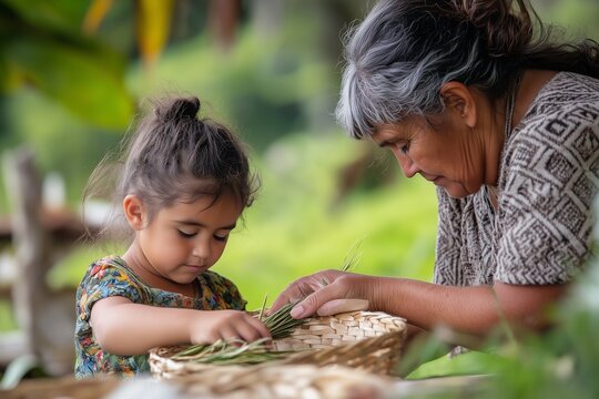 A young Māori child learning to weave harakeke (flax) from their grandmother, creating traditional baskets