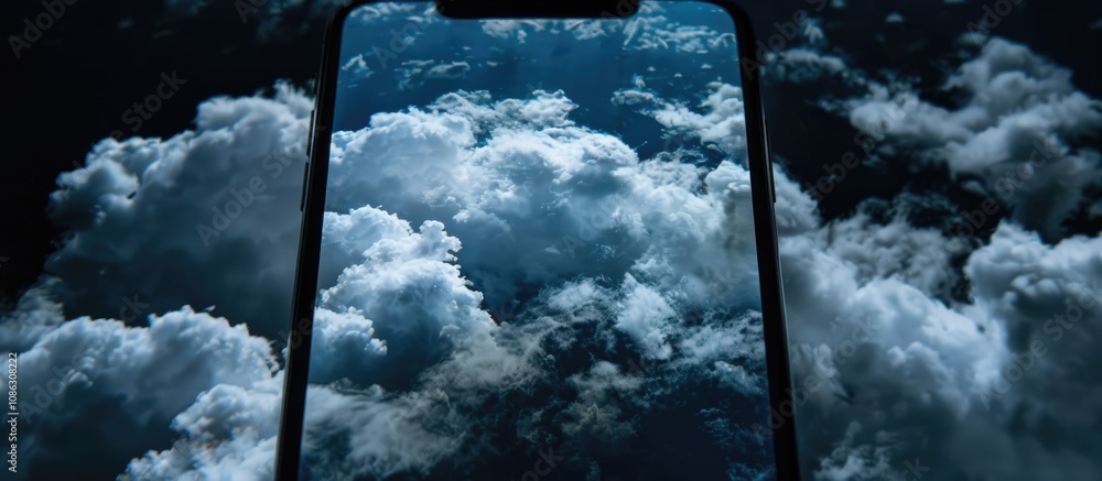 Poster cloud reflection on mobile display with dark background