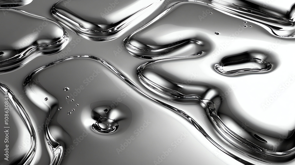 Poster droplets of water resting on a smooth metallic surface, capturing reflections of light and contours 