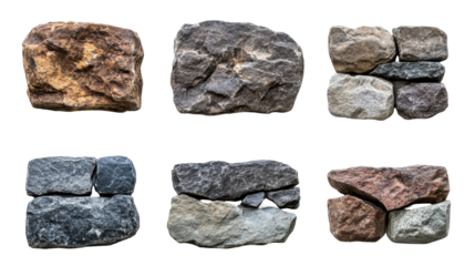 Variety of textured stone blocks for construction. transparent background