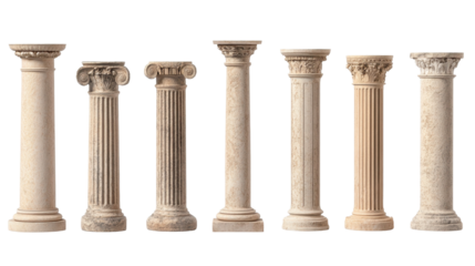 Various classical columns in different styles. transparent background