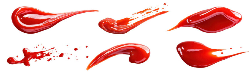Variety of red ketchup splashes and shapes. transparent background