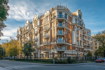 Naklejka premium Classic brick building with ornate details on a corner lot.