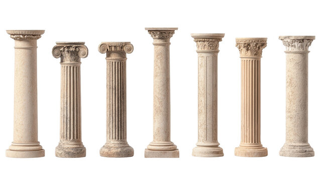 Various classical columns in different styles. transparent background