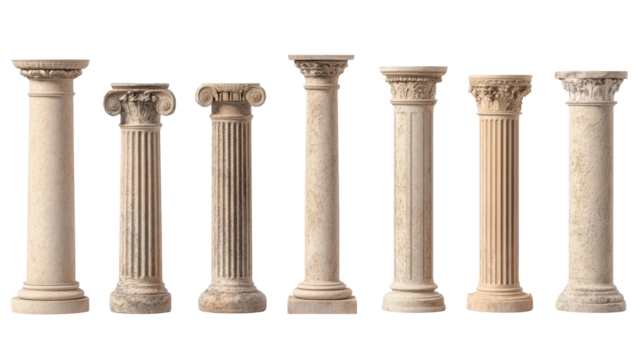 Various classical columns in different styles. transparent background
