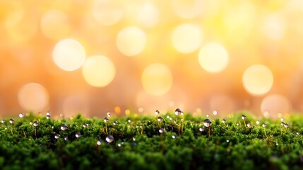 Obraz premium Dewdrops on Moss with Bokeh Background