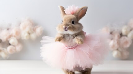 Studio shot of adorable bunny in fluffy pink tutu dress with flower crown on blurred background