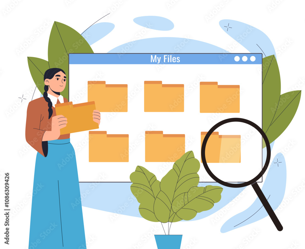 Poster woman with computer folders. girl with computer monitor. storage and archive with electronic documen