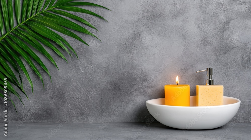 Poster a serene setup featuring two candles and a soap dispenser on a minimalist surface, complemented by a