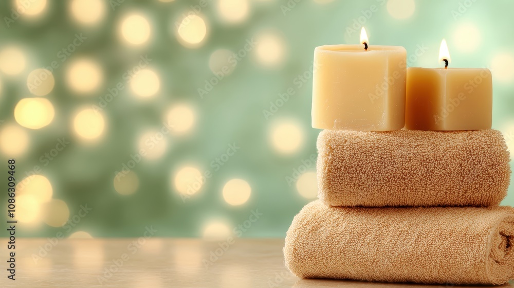 Poster A serene spa setting featuring stacked towels and lit candles, creating a calming atmosphere with soft bokeh lights in the background.
