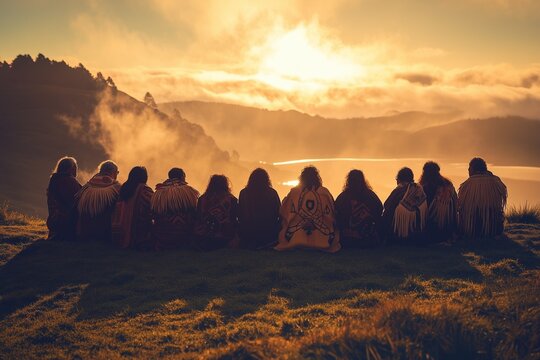 A group of Māori elders performing a traditional karakia (prayer) at sunrise on a sacred hill, dressed in traditional attire