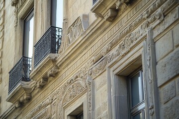 Obraz premium Close-up of ornate stone facade on an old building with a wrought iron balcony and windows.