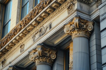 Obraz premium Closeup of ornate columns and cornice on a historic building.