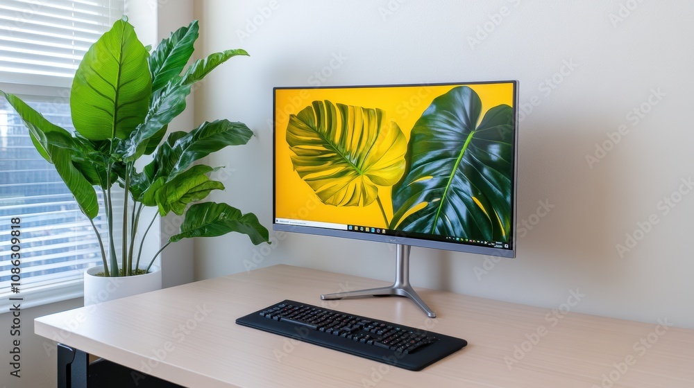 Poster a modern workspace featuring a computer monitor displaying leaves, complemented by a potted plant, e