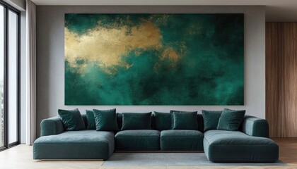 Green and Gold Abstract Art on the Wall with Green Velvet Sectional Sofa in a Modern Room