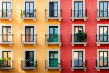 Obraz premium Colorful apartment building with balconies and windows.